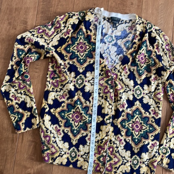 Talbots merino cardigan navy Diamond pattern petite, metal buttons - Picture 1 of 6